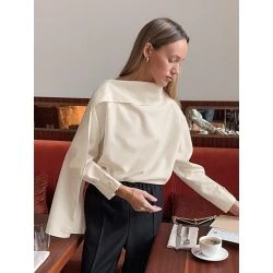 Women Ivory Satin Boat Neck Cape Panel Long Sleeve Blouse