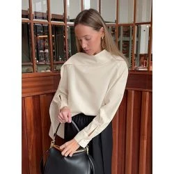 Women Ivory Satin Boat Neck Cape Panel Long Sleeve Blouse
