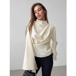 Women Ivory Satin High Neck Draped Twist Long Sleeve Blouse