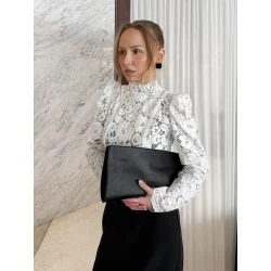 Women White Floral Lace High Neck Puff Shoulder Long Sleeve Blouse