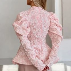 Women Pink Jacquard Floral High Neck Puff Sleeve Peplum Blouse
