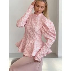 Women Pink Jacquard Floral High Neck Puff Sleeve Peplum Blouse