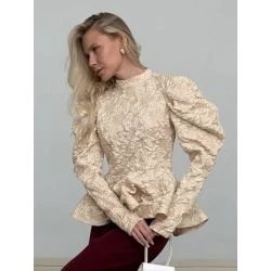 Women Beige Jacquard Floral High Neck Puff Sleeve Peplum Blouse