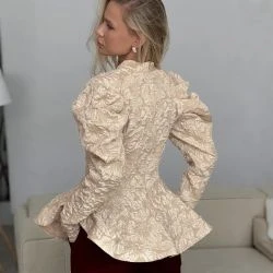 Women Beige Jacquard Floral High Neck Puff Sleeve Peplum Blouse