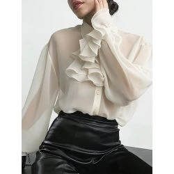 Women Ivory Organza Ruffle Front Collar Puff Sleeve Blouse
