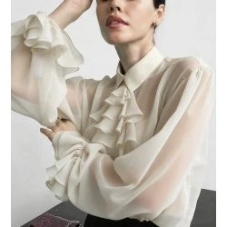 Women Ivory Organza Ruffle Front Collar Puff Sleeve Blouse