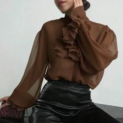Women Brown Chiffon High Neck Ruffle Front Puff Sleeve Blouse