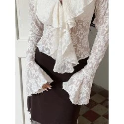 Women White Floral Lace Sweetheart Ruffle Collar Flared Sleeve Top