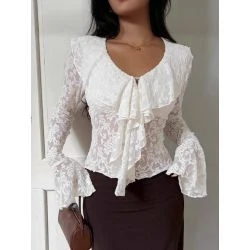 Women White Floral Lace Sweetheart Ruffle Collar Flared Sleeve Top