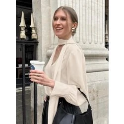 Women Beige Satin V-Neck Scarf Tie High Neck Long Sleeve Blouse