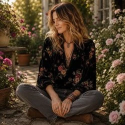 Close-up of women's black velvet V-neck blouse with earthy floral print and necklace accessories.
