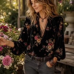 Close-up of women's black velvet V-neck blouse with earthy floral print and necklace accessories.